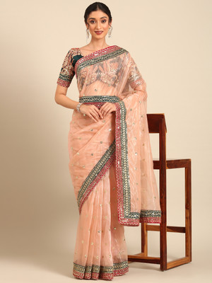 Tasrika Embroidered Bollywood Net Saree(Orange)