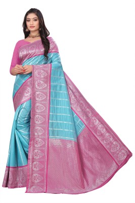 SKYWEAR EXPORT Woven Kanjivaram Jacquard, Pure Silk Saree(Light Blue, Pink)