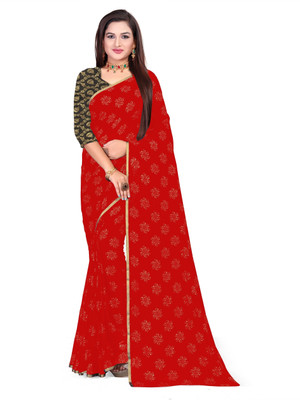 HouseOfCommon Printed Bollywood Chiffon Saree(Red)