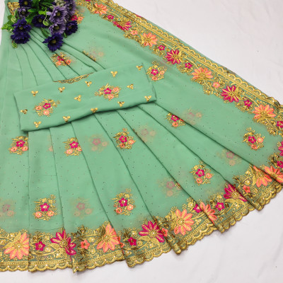 MIYANIFAB Embroidered Bollywood Georgette Saree(Light Green)