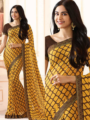 MEETVIN COUTURE Printed, Self Design, Digital Print, Embroidered, Floral Print, Solid/Plain Bollywood Georgette, Chiffon Saree(Yellow)