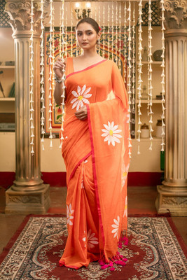 Very Much Indian Solid/Plain Handloom Pure Cotton Saree(Orange)