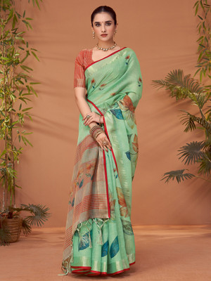 Tasrika Printed Hand Batik Linen Saree(Light Green)