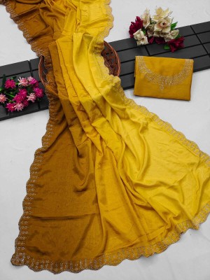 MM VENTURE Solid/Plain Bollywood Chiffon Saree(Yellow)