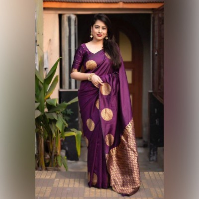 HANSIKA FASHION Temple Border Banarasi Chanderi Saree(Purple)