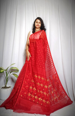 Rnn Saree Printed Jamdani Cotton Silk Saree(Red)