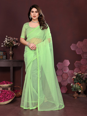 Anand Sarees Solid/Plain Bollywood Net, Lace Saree(Light Green)