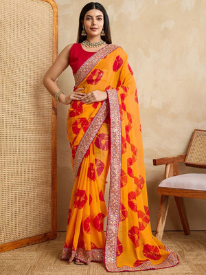 Shree Shyam Creation Printed, Floral Print Bollywood Georgette Saree(Yellow)