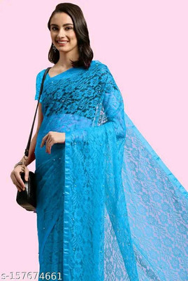 VioProm Floral Print Bollywood Net Saree(Blue)