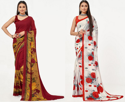 Leelavati Printed Bollywood Georgette Saree(Pack of 2, Red, White)