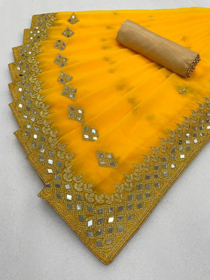 Disha Fashion Embroidered, Self Design Banarasi Georgette, Silk Blend Saree(Yellow)
