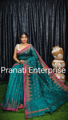 PRANATI ENTERPRISE Temple Border Tant Cotton Silk Saree(Blue)