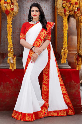 Volmina Solid/Plain Chanderi Cotton Blend Saree(White)