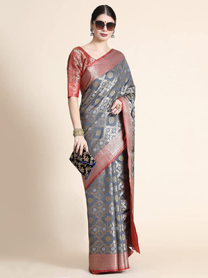 M.S.RETAIL Woven Patola Silk Blend Saree(Grey)