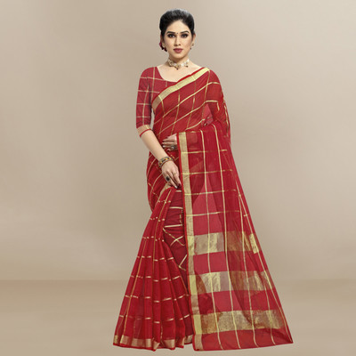 Moda Rapido Self Design, Striped, Woven Kota Doria Cotton Silk Saree(Red)