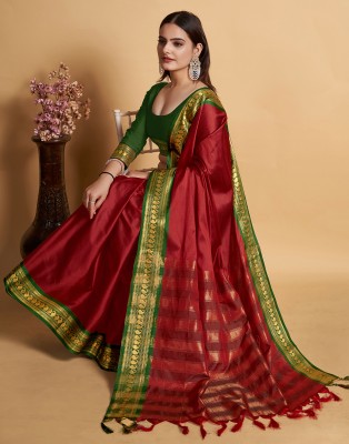 Satrani Woven, Embellished, Self Design Bollywood Jacquard, Pure Silk Saree(Maroon, Dark Green, Gold)