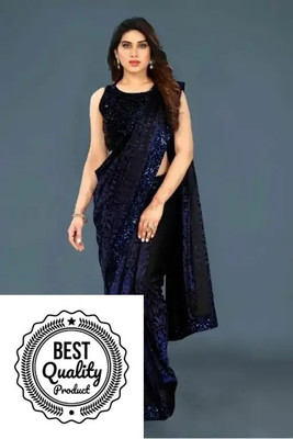 Amavii Solid/Plain Bollywood Lycra Blend Saree(Dark Blue)
