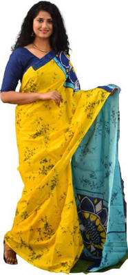 Tropwear Printed, Self Design, Digital Print, Hand Painted, Blocked Printed Ikkat Pure Cotton Saree(Blue, Yellow)