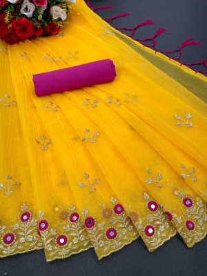 OZONE DESIGNS Embroidered Bollywood Net Saree(Yellow)
