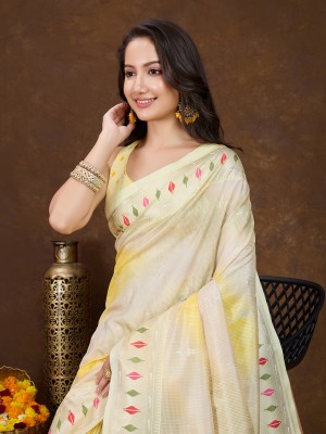 Tasrika Printed Banarasi Silk Blend Saree(Yellow)