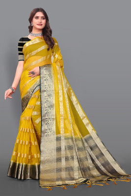 Aarunika LGF Striped Bollywood Organza Saree(Yellow)