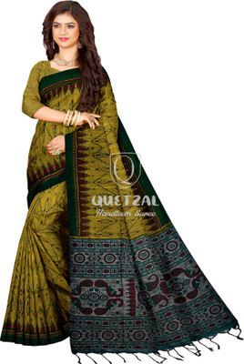 Quetzal Printed Sambalpuri Pure Cotton Saree(Yellow)