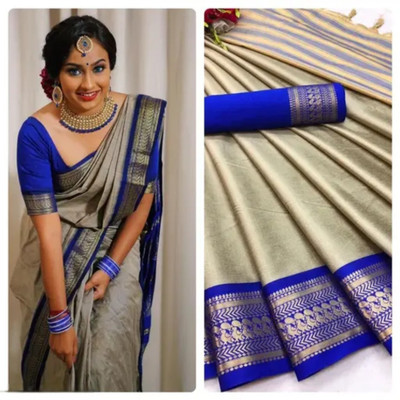 Mortal Textile Temple Border Assam Silk Cotton Silk Saree(Blue, Grey)