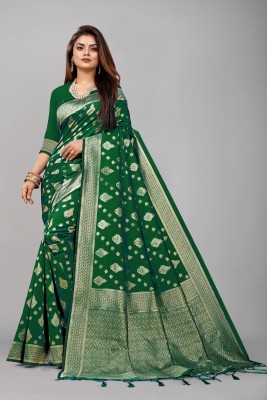 ALLIOOP Woven Kanjivaram Silk Blend, Jacquard Saree(Dark Green)