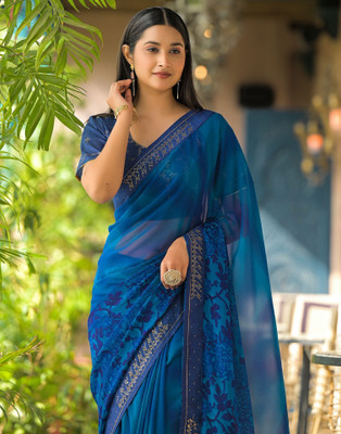 Satrani Floral Print, Printed Bollywood Georgette, Chiffon Saree(Dark Blue)
