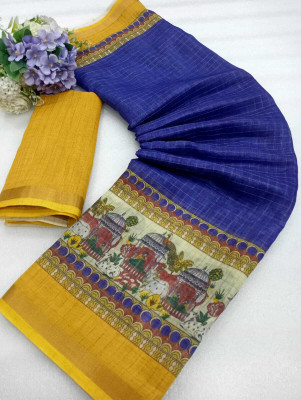 Saaransh Floral Print Kanjivaram Linen, Cotton Silk Saree(Blue)