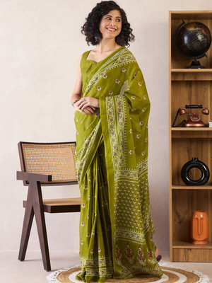 Anouk Rustic Printed Pre Draped Saree Cotton Blend Saree(Light Green)