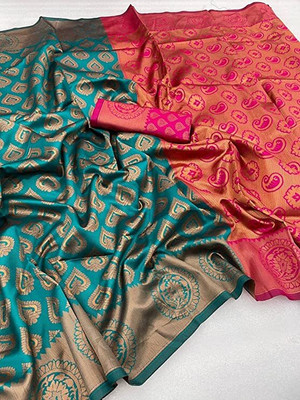 shivdarshan creation Woven Kanjivaram Jacquard Saree(Dark Blue)