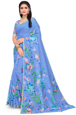 VEERAIVA Digital Print Bollywood Cotton Linen Saree(White)