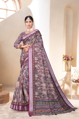 Pranamita Geometric Print Daily Wear Linen Saree(Brown)