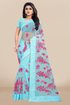 swara fashion Embroidered Bollywood Net Saree(Light Blue)