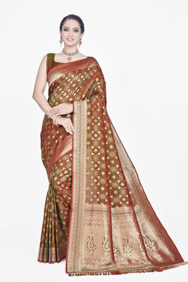 AAGIRI Applique, Dyed, Embellished, Floral Print, Self Design, Woven Banarasi Pure Silk, Jacquard Saree(Light Green)