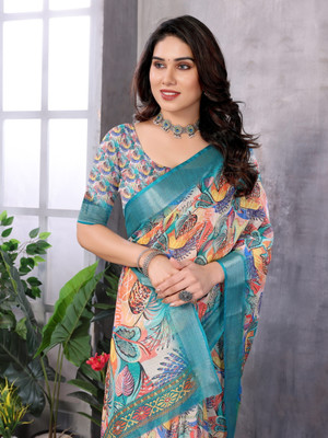 HITESH ENTERPRISE Floral Print Bollywood Cotton Linen Saree(Light Green)