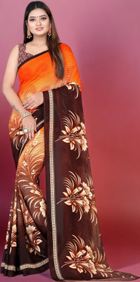Divastri Floral Print Daily Wear Georgette Saree(Orange)