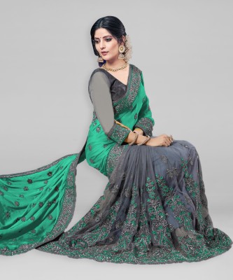 Kedar Fab Embroidered Bollywood Silk Blend Saree(Green)