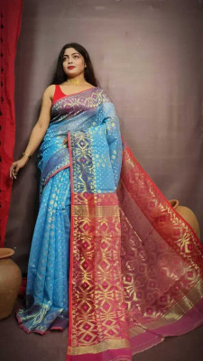 SP Boutique Woven Jamdani Cotton Silk Saree(Blue)