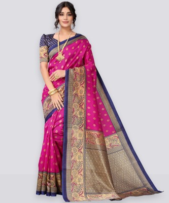 Samah Printed, Geometric Print, Embellished Bhagalpuri Silk Blend, Cotton Silk Saree(Dark Blue, Pink, Beige)