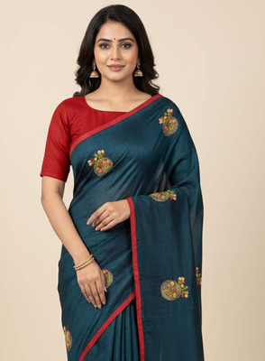 Anugrah Textile Embroidered Banarasi Lycra Blend, Chiffon Saree(Dark Blue)