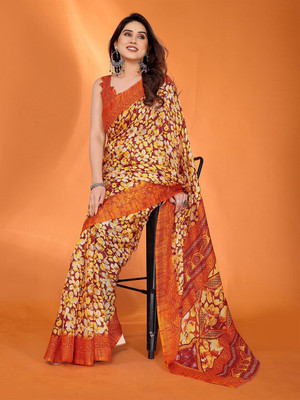 ANOUK Printed Saree with Attached Blouse Cotton Blend Saree(Orange)