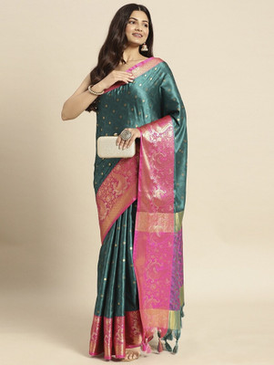 HouseOfCommon Woven, Self Design Banarasi Cotton Silk, Jacquard Saree(Dark Green, Pink)