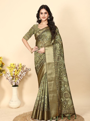 J6 Designers Applique Assam Silk Art Silk Saree(Green)