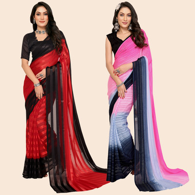 Anand Sarees Embellished Bollywood Satin Saree(Pack of 2, Black, Red, Pink)