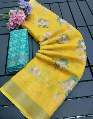 VCREATION Digital Print Bollywood Cotton Linen Saree(Yellow)
