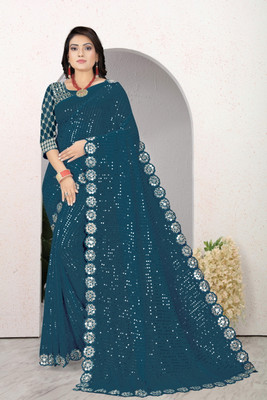 R K ENTERPRISE Embroidered Berhampuri Georgette Saree(Dark Green)