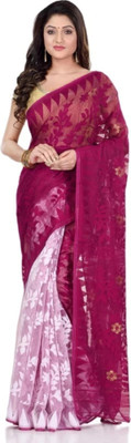 Krishneshwari Self Design Handloom Cotton Blend Saree(Magenta, White)