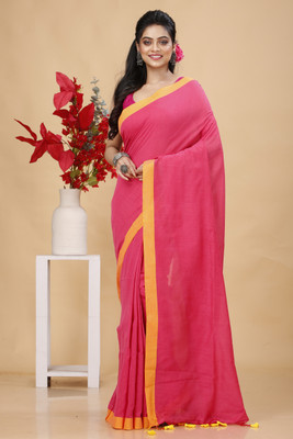 Bong ButiQ Solid/Plain Handloom Pure Cotton Saree(Pink)